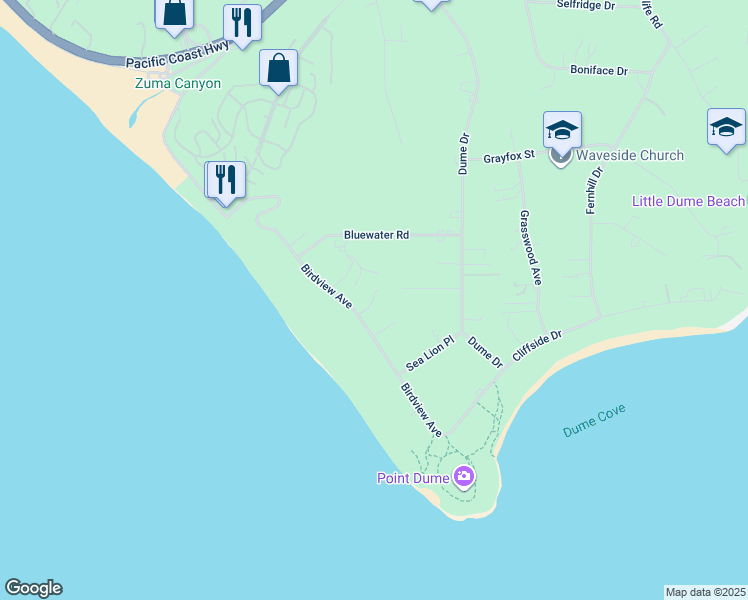 map of restaurants, bars, coffee shops, grocery stores, and more near 7170 Birdview Avenue in Malibu