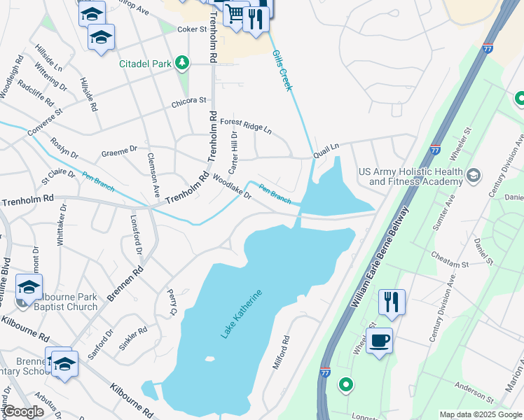 map of restaurants, bars, coffee shops, grocery stores, and more near 1665 Kathwood Drive in Columbia