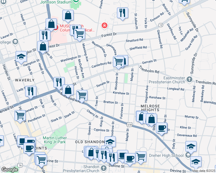 map of restaurants, bars, coffee shops, grocery stores, and more near 1316 King Street in Columbia