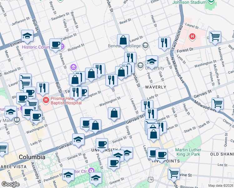 map of restaurants, bars, coffee shops, grocery stores, and more near 1427 Gregg Street in Columbia