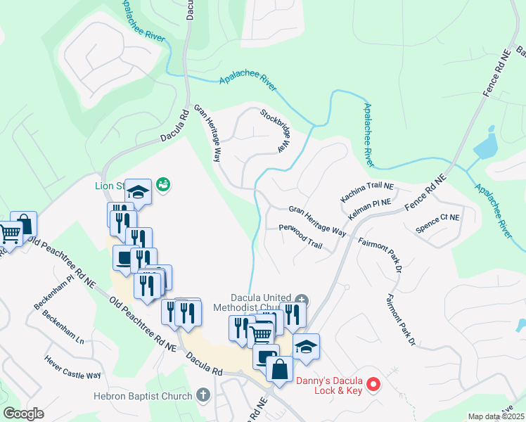 map of restaurants, bars, coffee shops, grocery stores, and more near 674 Chadmon Court Trace in Dacula