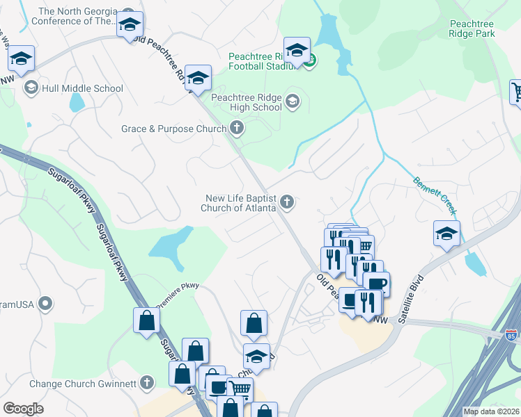 map of restaurants, bars, coffee shops, grocery stores, and more near 1667 Westvale Place Northwest in Duluth