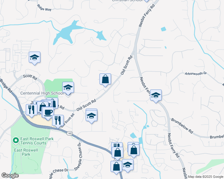 map of restaurants, bars, coffee shops, grocery stores, and more near 2605 Almont Way in Roswell
