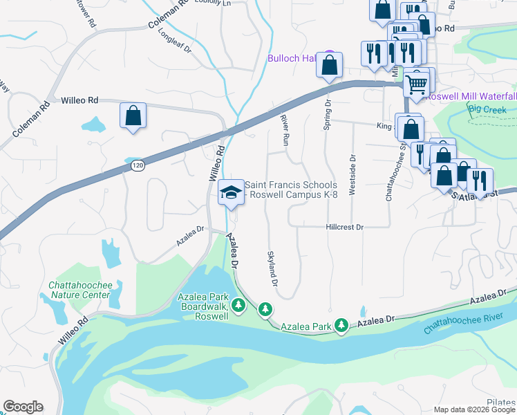 map of restaurants, bars, coffee shops, grocery stores, and more near 93 Skyland Drive in Roswell
