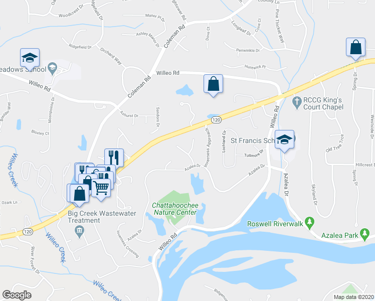 map of restaurants, bars, coffee shops, grocery stores, and more near 335 Highlands Trce in Roswell
