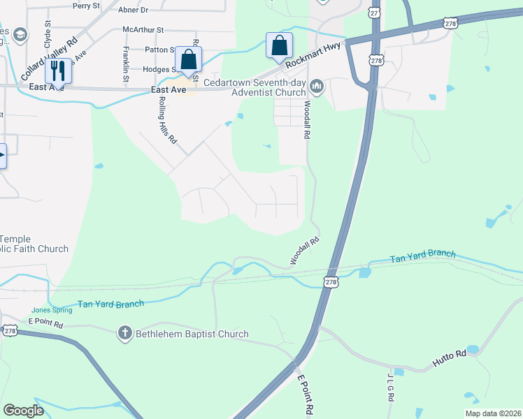 map of restaurants, bars, coffee shops, grocery stores, and more near 302 Ridgewood Road in Cedartown