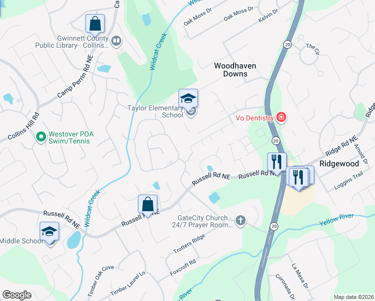 map of restaurants, bars, coffee shops, grocery stores, and more near 342 Leggett Oaks Lane in Lawrenceville