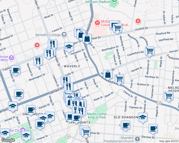 map of restaurants, bars, coffee shops, grocery stores, and more near 1223 Heidt Street in Columbia