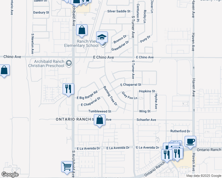 map of restaurants, bars, coffee shops, grocery stores, and more near 3612 Old Archibald Ranch Road in Ontario