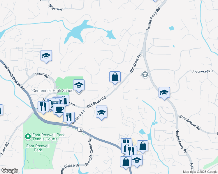 map of restaurants, bars, coffee shops, grocery stores, and more near 125 Nesbit Ridge Drive in Roswell