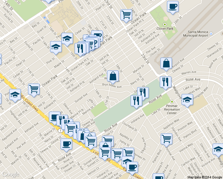 map of restaurants, bars, coffee shops, grocery stores, and more near 3117 17th Street in Santa Monica