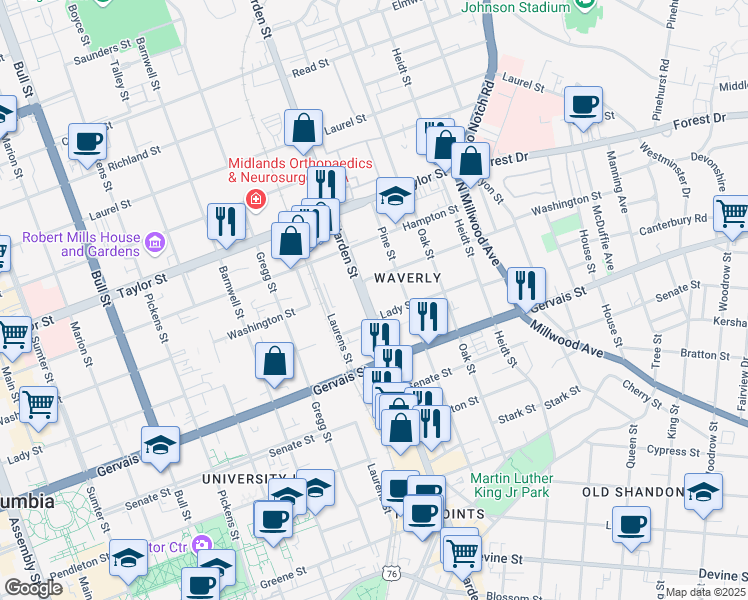 map of restaurants, bars, coffee shops, grocery stores, and more near 1310 Harden Street in Columbia