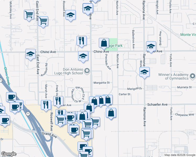 map of restaurants, bars, coffee shops, grocery stores, and more near 4153 Maria Court in Chino