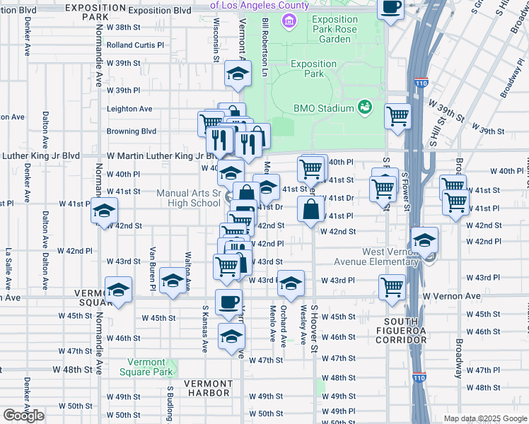 map of restaurants, bars, coffee shops, grocery stores, and more near 4151 Menlo Avenue in Los Angeles