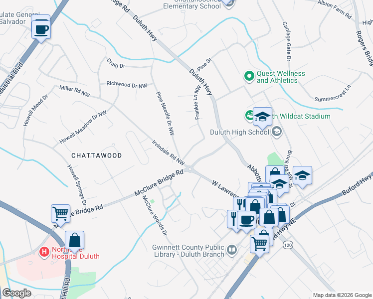 map of restaurants, bars, coffee shops, grocery stores, and more near 3191 Crestview Circle Northwest in Duluth
