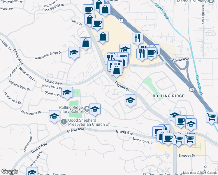 map of restaurants, bars, coffee shops, grocery stores, and more near 2855 Woodsorrel Drive in Chino Hills