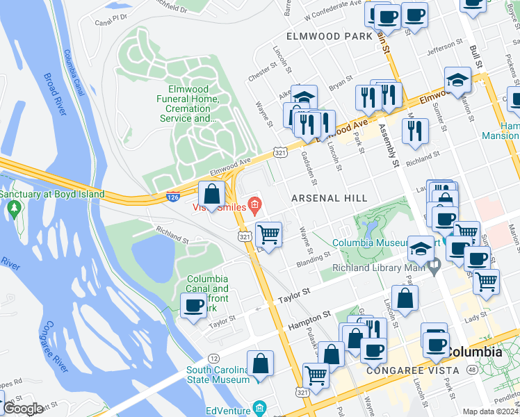 map of restaurants, bars, coffee shops, grocery stores, and more near 1911 Pulaski Street in Columbia