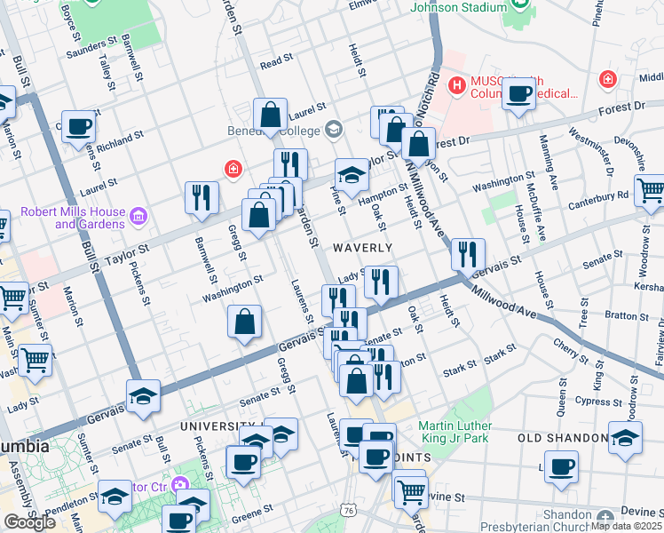 map of restaurants, bars, coffee shops, grocery stores, and more near 1310 Harden Street in Columbia