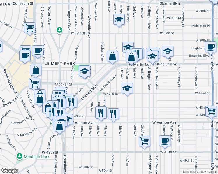 map of restaurants, bars, coffee shops, grocery stores, and more near 4177 6th Avenue in Los Angeles