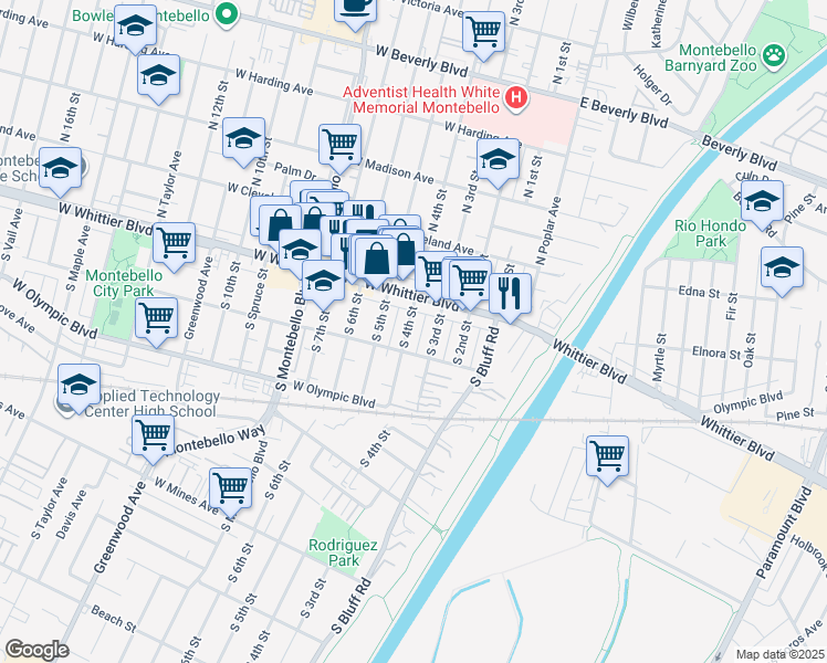 map of restaurants, bars, coffee shops, grocery stores, and more near 128 South 4th Street in Montebello