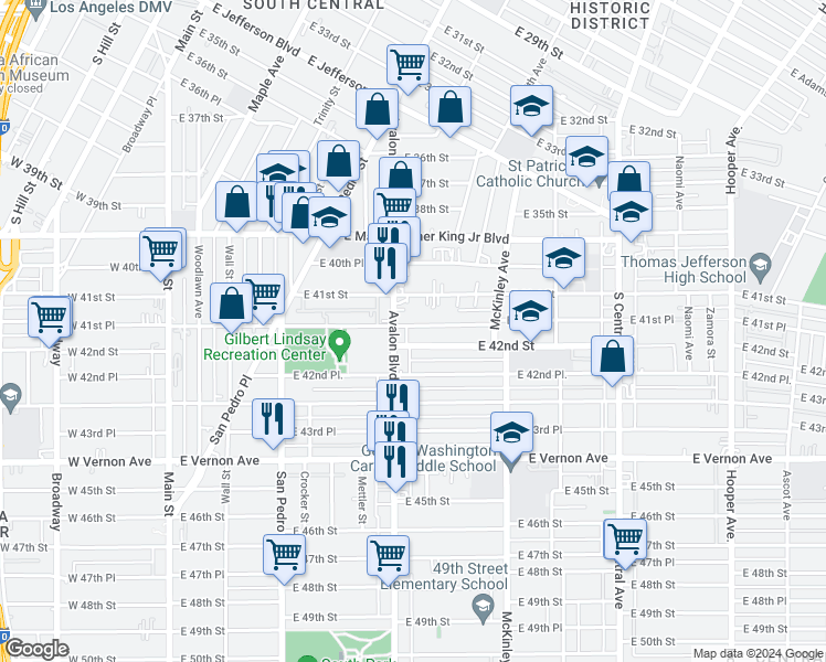 map of restaurants, bars, coffee shops, grocery stores, and more near 636 East 41st Place in Los Angeles