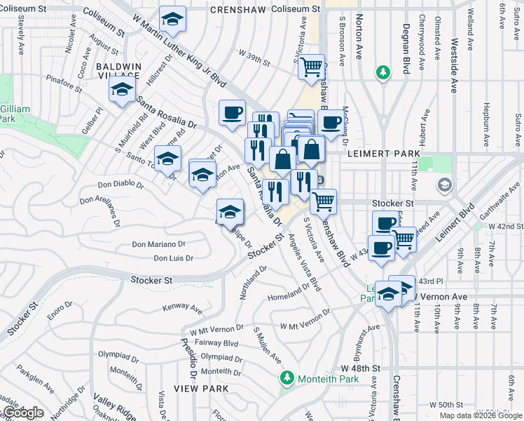 map of restaurants, bars, coffee shops, grocery stores, and more near 3749 Lockland Drive in Los Angeles