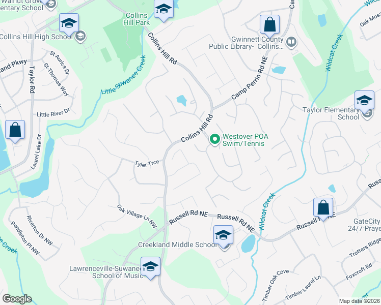 map of restaurants, bars, coffee shops, grocery stores, and more near 1932 Wolford Court in Lawrenceville