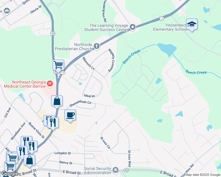 map of restaurants, bars, coffee shops, grocery stores, and more near 264 Memory Lane in Winder