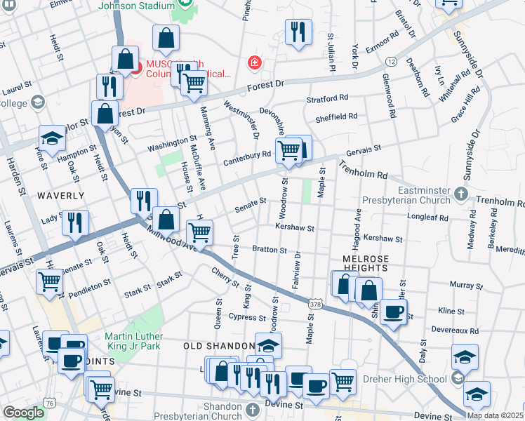 map of restaurants, bars, coffee shops, grocery stores, and more near 1316 King Street in Columbia