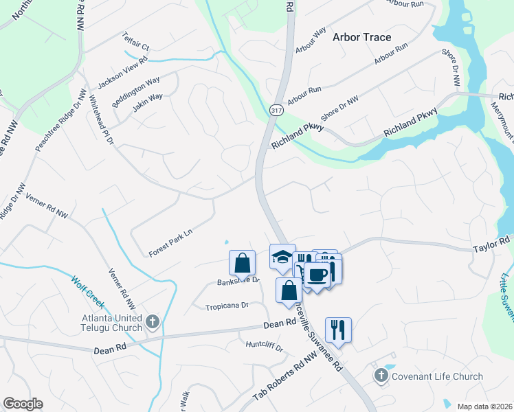 map of restaurants, bars, coffee shops, grocery stores, and more near 2294 Lawrenceville-Suwanee Road in Suwanee