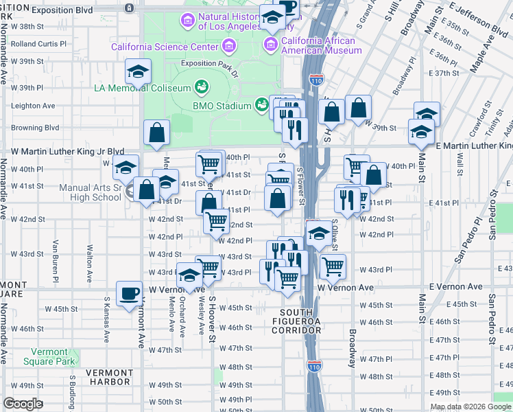 map of restaurants, bars, coffee shops, grocery stores, and more near 535 West 41st Place in Los Angeles