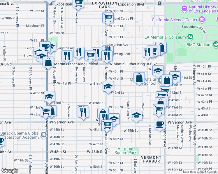 map of restaurants, bars, coffee shops, grocery stores, and more near 13481/2 West 41st Place in Los Angeles