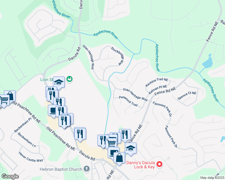 map of restaurants, bars, coffee shops, grocery stores, and more near 674 Chadmon Court Trace in Dacula