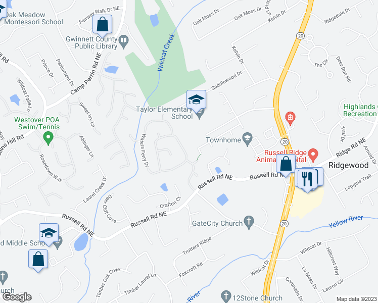 map of restaurants, bars, coffee shops, grocery stores, and more near 1940 Waters Ferry Drive in Lawrenceville
