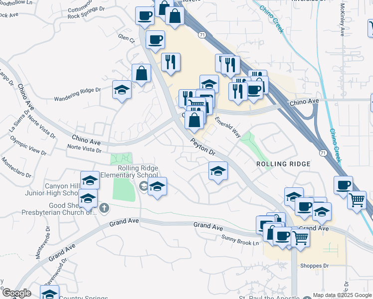 map of restaurants, bars, coffee shops, grocery stores, and more near 2867 Woodsorrel Drive in Chino Hills