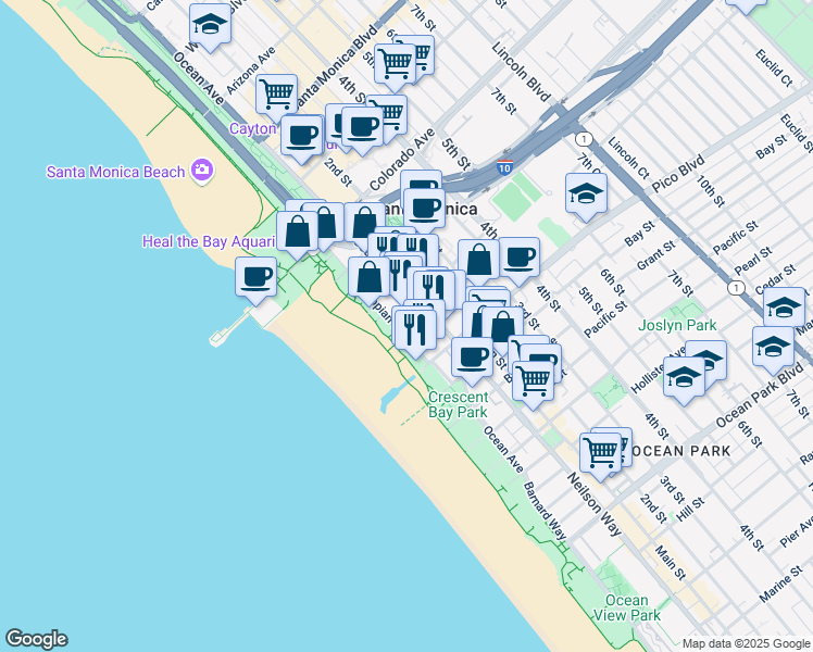 map of restaurants, bars, coffee shops, grocery stores, and more near 1751 Appian Way in Santa Monica