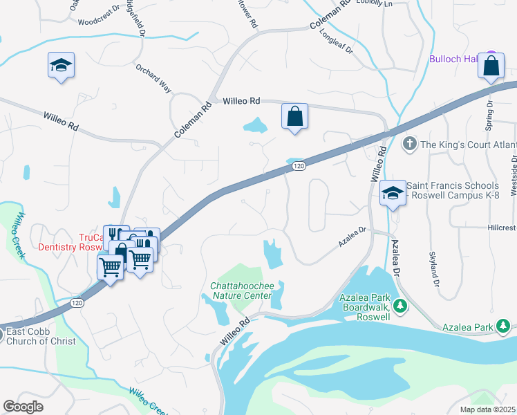 map of restaurants, bars, coffee shops, grocery stores, and more near 320 Highlands Trce in Roswell