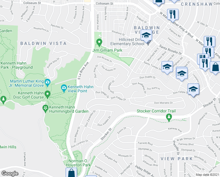 map of restaurants, bars, coffee shops, grocery stores, and more near 4483 Don Milagro Drive in Los Angeles