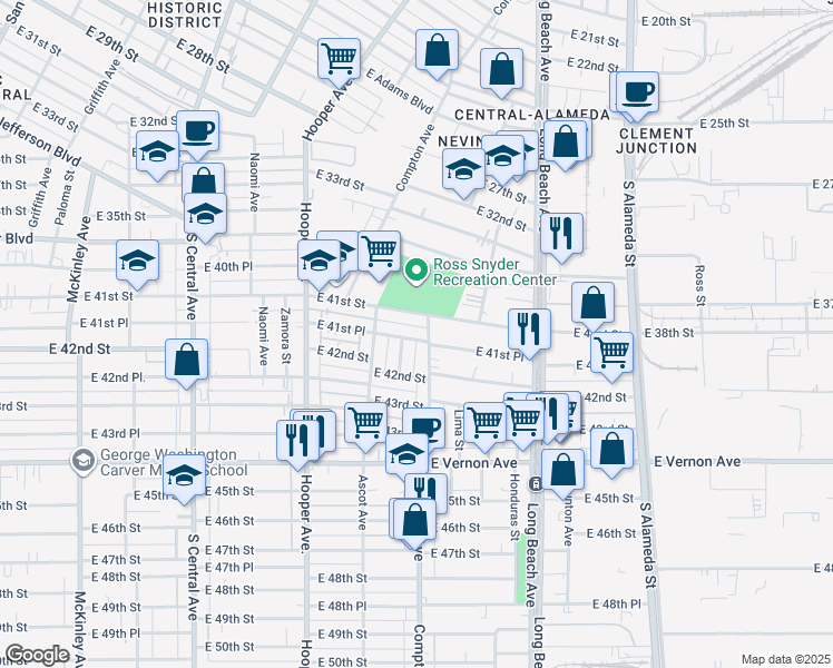 map of restaurants, bars, coffee shops, grocery stores, and more near 1471 East 41st Place in Los Angeles