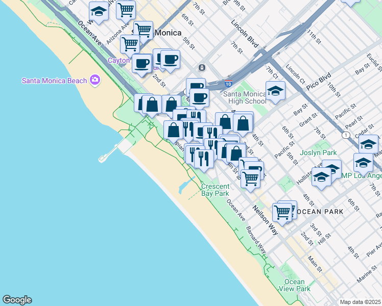map of restaurants, bars, coffee shops, grocery stores, and more near 1751 Appian Way in Santa Monica