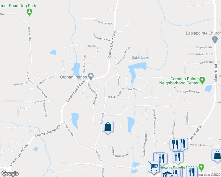map of restaurants, bars, coffee shops, grocery stores, and more near 2503 Debidue Court Northwest in Acworth