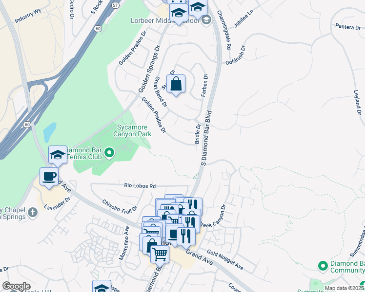 map of restaurants, bars, coffee shops, grocery stores, and more near 925 Golden Prados Drive in Diamond Bar