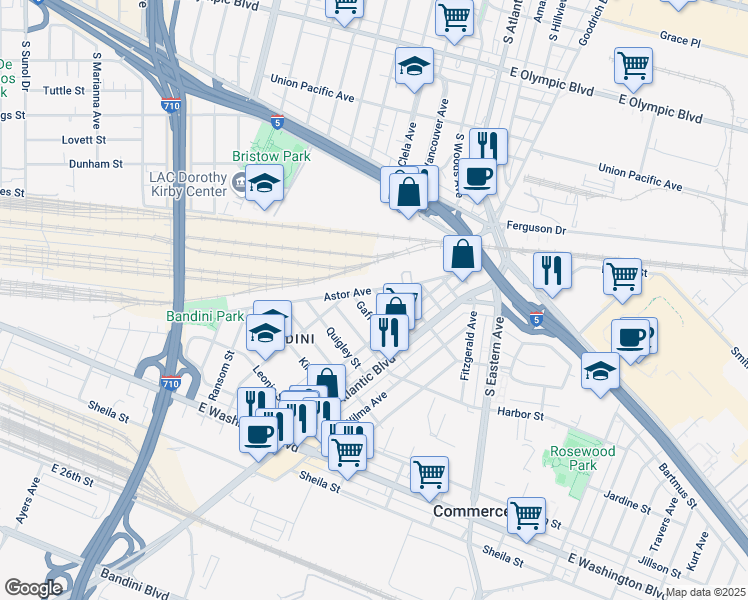 map of restaurants, bars, coffee shops, grocery stores, and more near 5040 Fair Street in Commerce