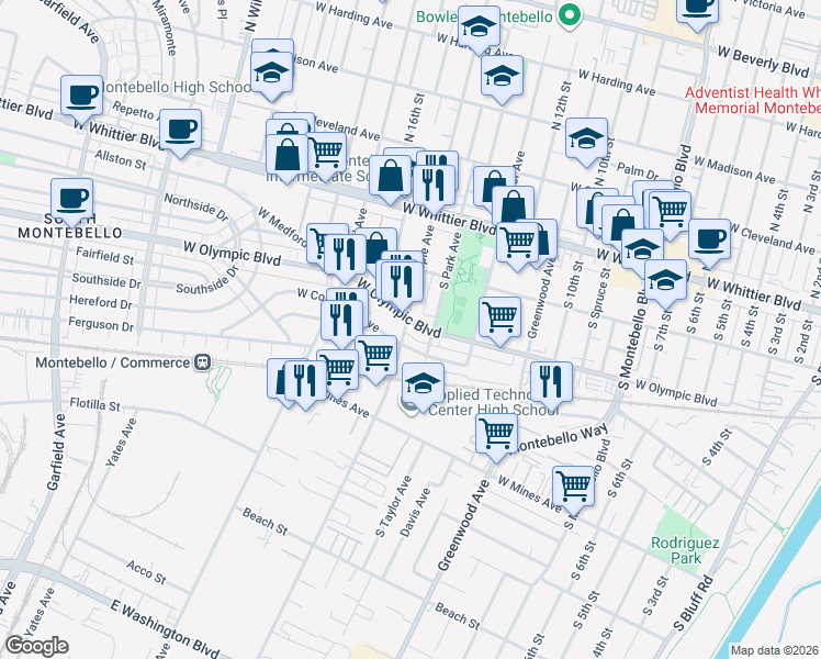 map of restaurants, bars, coffee shops, grocery stores, and more near 1425 West Olympic Boulevard in Montebello