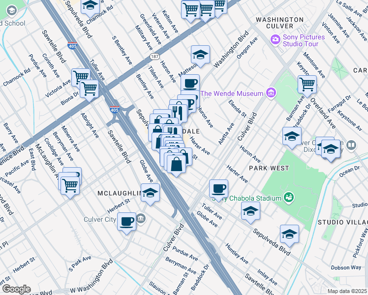 map of restaurants, bars, coffee shops, grocery stores, and more near 4122 Center Street in Culver City
