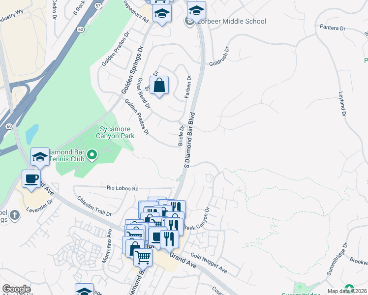 map of restaurants, bars, coffee shops, grocery stores, and more near 852 Bridle Dr in Diamond Bar