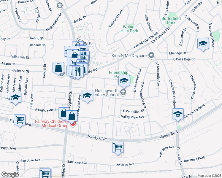 map of restaurants, bars, coffee shops, grocery stores, and more near 19245 East Northam Street in West Covina