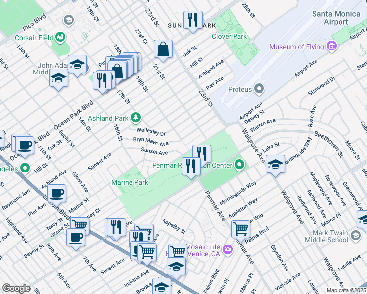 map of restaurants, bars, coffee shops, grocery stores, and more near 3218 18th Street in Santa Monica