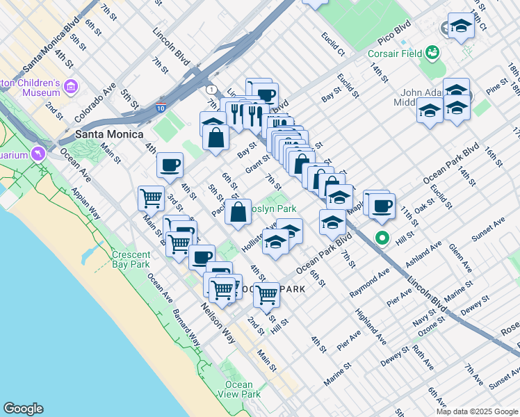 map of restaurants, bars, coffee shops, grocery stores, and more near 2319 6th Street in Santa Monica