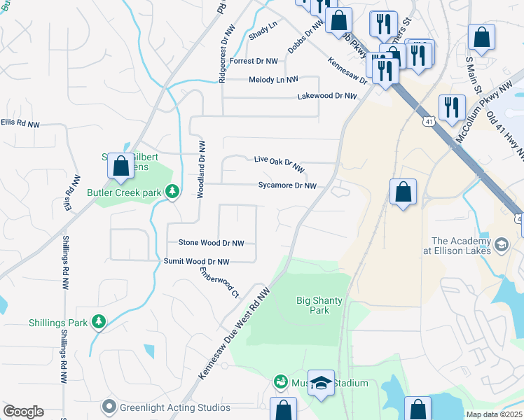 map of restaurants, bars, coffee shops, grocery stores, and more near 9070 Sumit Wood Dr NW in Kennesaw